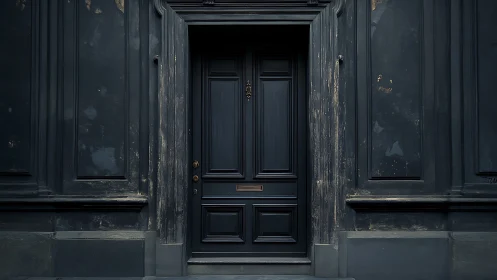 Dark wooden townhouse door framed by weathered facade