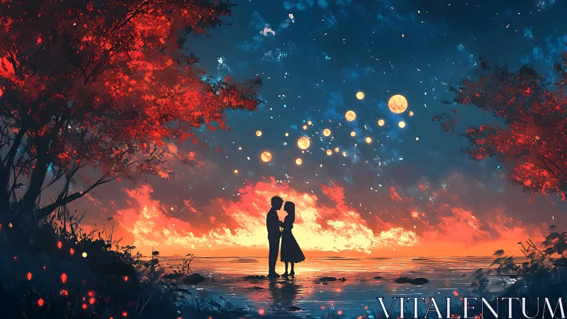 Silhouetted couple shares intimate moment beneath fiery sunset sky.