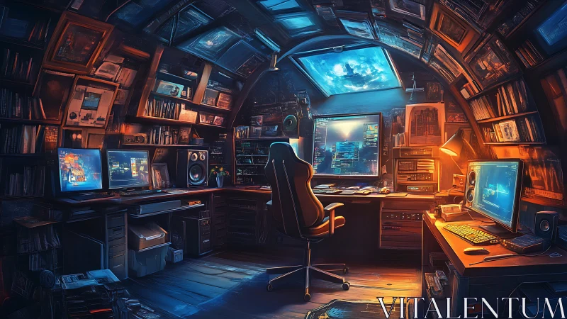 Futuristic curved attic workspace shows multi monitor setup