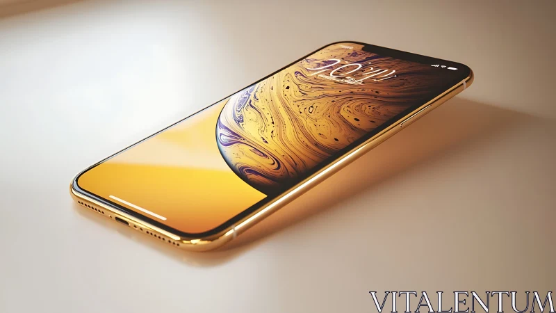 Gold-finished smartphone product render with liquid swirl display