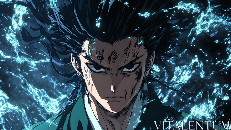 Anime swordsman with wet hair and glowing blue water aura