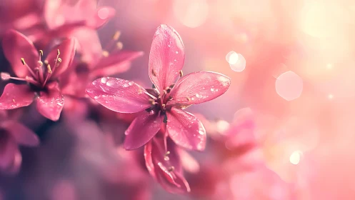 Pink Flowers with Water Droplets in Soft Focus.