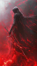 Hooded dark warrior stands in raging red infernal storm