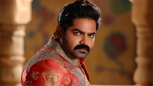 Regal gaze carves intensity through embroidered crimson silk