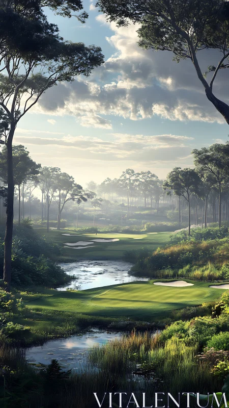 Sunlit golf fairway winds through misty forest wetlands