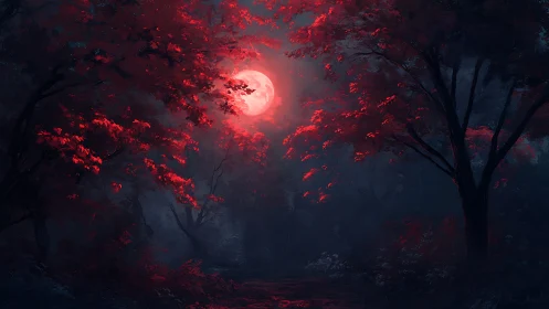 Digital nocturne of crimson forest under lunar eclipse.