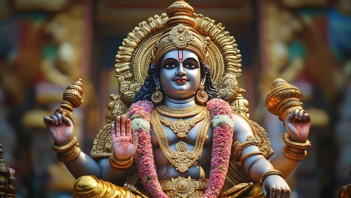 Ornate Hindu deity statue radiates gold and serene blessing