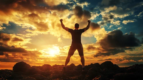 Sunrise conqueror raising clenched fists over ember clouds.