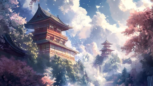 Japanese pagoda complex amid clouds and cherry blossoms.