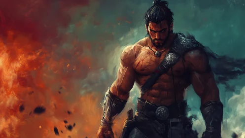 Battle-scarred warrior strides through bifurcated fire and smoke field