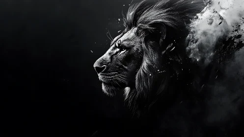 Monochrome lion profile in dramatic smoke and shadow.