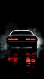 Rear muscle car silhouette in rain-soaked neon red glow.