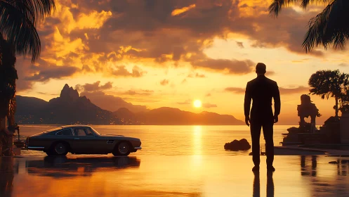 Suited man studies coastal sunset beside vintage coupe.