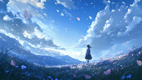 Girl in flowered meadow gazes into a luminous blue sky