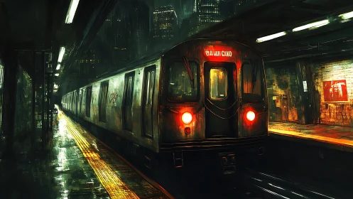 Rain-soaked subway train glows under eerie city night lights.