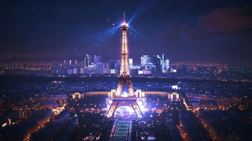 Night view of illuminated Eiffel Tower over Paris skyline.