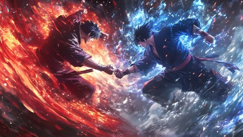 Dueling flame and frost warriors collide midair in fury.