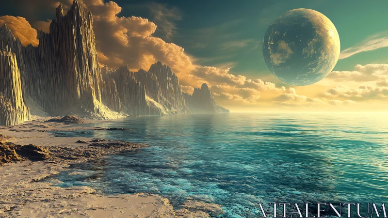 Alien coastline with stratified cliffs and enlarged orbital planet rendered