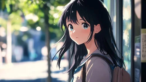 Optically rich anime portrait of student in urban backlight.