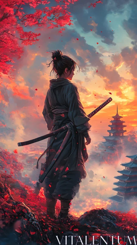 Samurai sentinel above scarlet blossoms and distant pagodas.