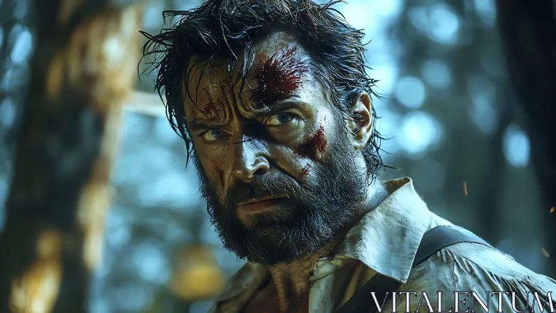 Battle-scarred warrior stares through forest embers, unbroken.