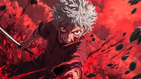 White haired anime swordsman charges forward through red blast