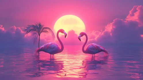 Two flamingos stand in shallow water before a large setting sun