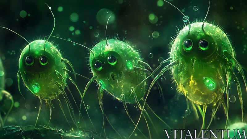 Green bioluminescent micro-organisms with tendrils in liquid