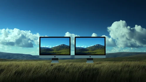 Dual desktop displays replicate panoramic mountain landscape perfectly