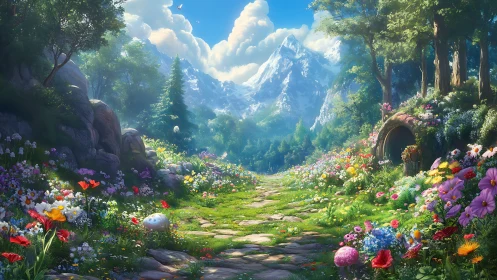 Mountain-bloomed hobbit lane dreaming beneath bright clouds.