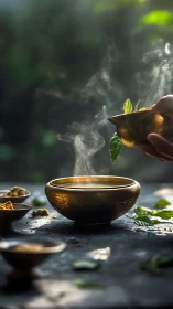 Herbal infusion in brass bowl with rising steam outdoors.