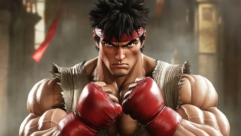 Digital close-up shows muscular fighter in boxing stance