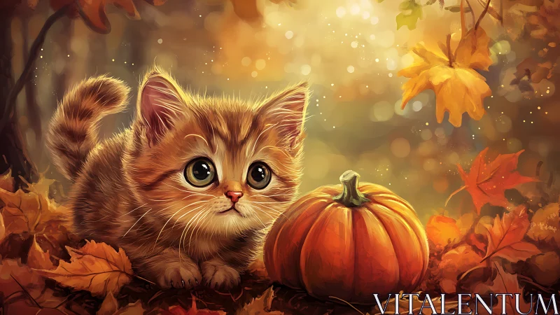 Kitten with Autumn Pumpkin Among Fall Foliage