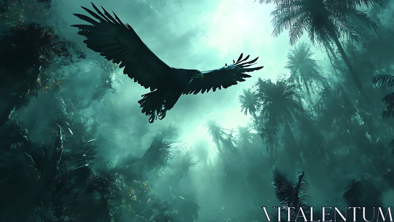 Majestic raptor glides through misty emerald jungle light