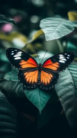 Orange and black butterfly resting on green foliage leaf.