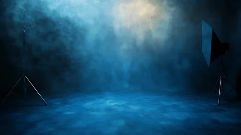 Studio strobe configuration in atmospheric blue haze environment.