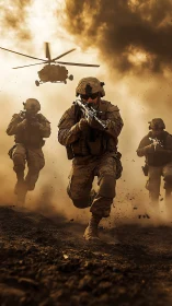 Infantry unit advancing under helicopter support in dust