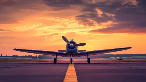 Vintage propeller airplane aligned on runway at sunset.