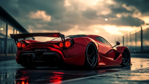 Aerodynamic red hypercar on wet racetrack at dusk rendered.