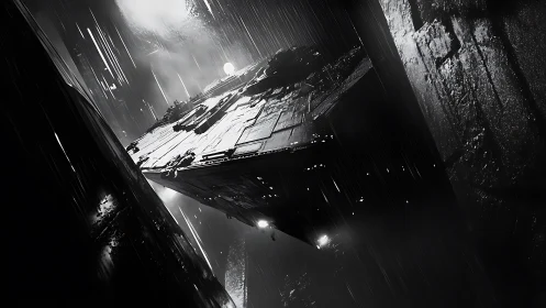 Monochrome starship between vertical rock walls in rain.
