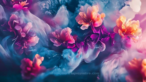 Dreamy pastel blossoms swirling in a soft cosmic breeze.