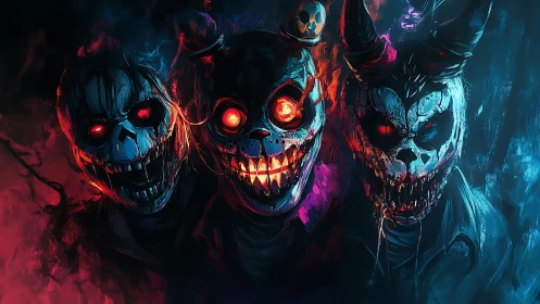 Glowing masked creatures share a fiery, unsettling neon stare