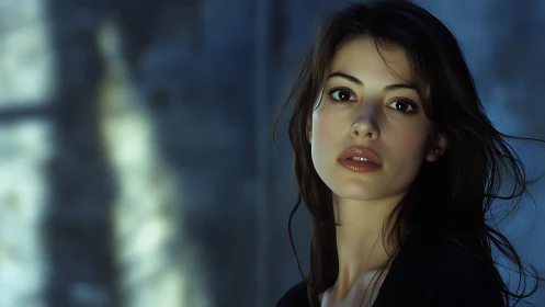 Moody portrait of young woman in cool cinematic light.