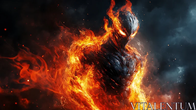 Flame-clad humanoid figure stands against dark smoky backdrop