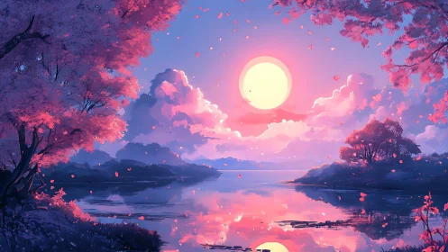 Pink dusk lake landscape under glowing full moon