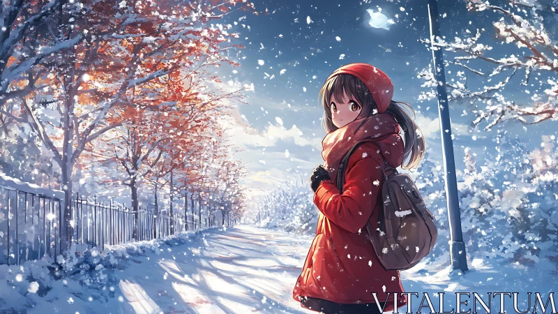 Girl in red coat walks through softly falling winter snow