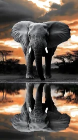 Monochrome elephant dominates mirrored savanna at sunset