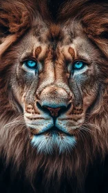 Symmetric frontal lion portrait with hyperreal cyan irises.