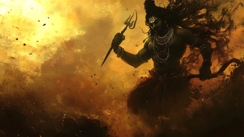 Storm-lit warrior deity with trident in swirling clouds.