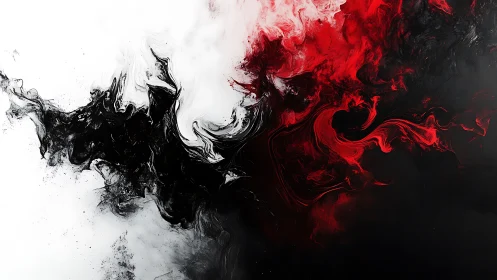 Abstract red and black fluid dynamics on monochrome field.